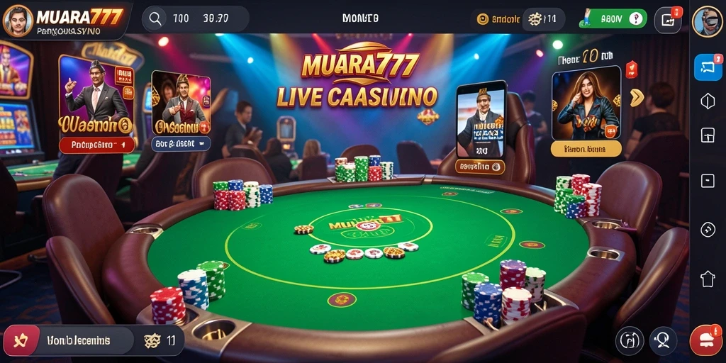 Screenshot gameplay MUARA777 dengan dealer langsung dan suasana kasino.